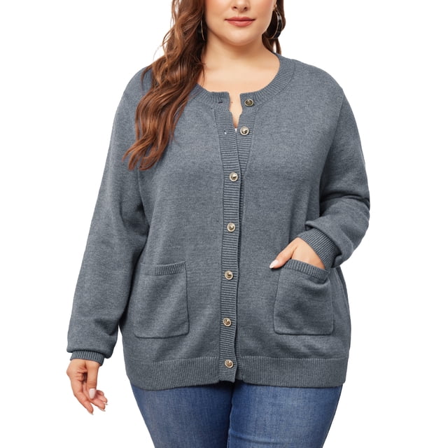 Suéter cárdigan de punto de cuello redondo con botones de manga larga para mujer de tallas grandes Agnes Orinda 4X gris