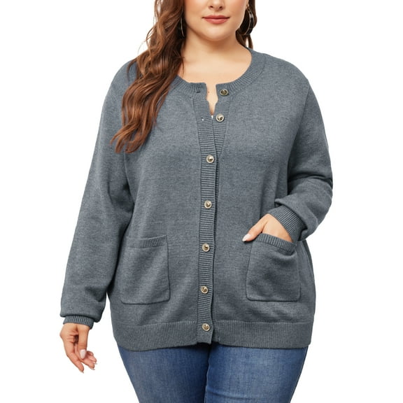 Agnes Orinda Women's Plus Size Long Sleeves Button Down Crew Neck Knit Sweater Cardigan 2X Gray
