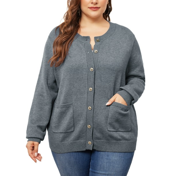 Suéter cárdigan de punto de cuello redondo con botones de manga larga para mujer de tallas grandes Agnes Orinda 4X gris
