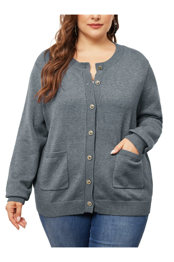 Women's Plus Size Long Sleeves Button Down Crew Neck Knit Sweater Cardigan 1X Gray