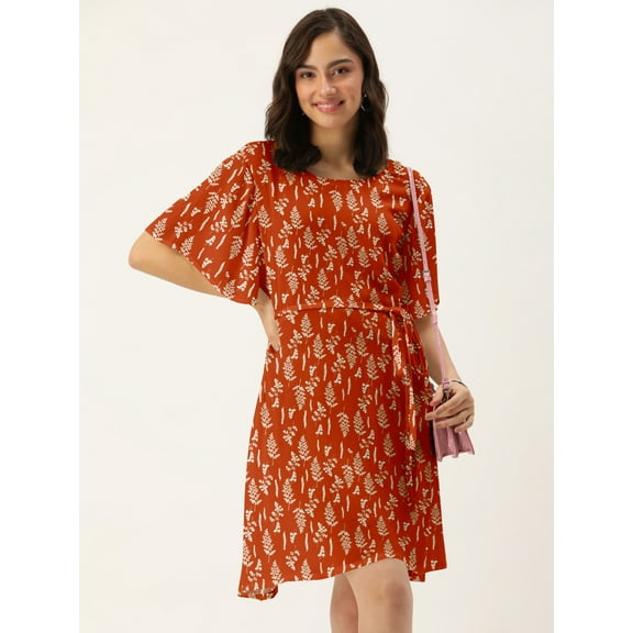 DressBerry Women's Printed Rayon Crepe Dress Casual Summer Kimono Sleeves Knee Length High Waist Round Neck Western Style Light Weighted High Rise Short Crepe Dress