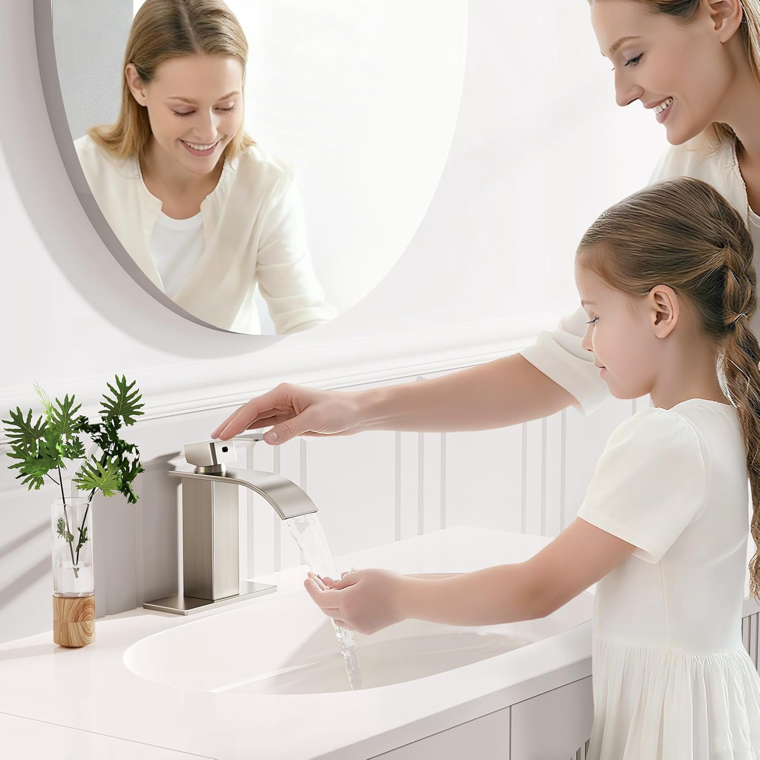 RUACQ Bathroom Faucets, Single Handle Bathroom Sink Waterfall Faucets for 1or 3 Hole, Stainless Steel Washbasin Mixer Tap with Deck, Pop-Up Drain and Supply Hoses (Short, Brushed Nickel)