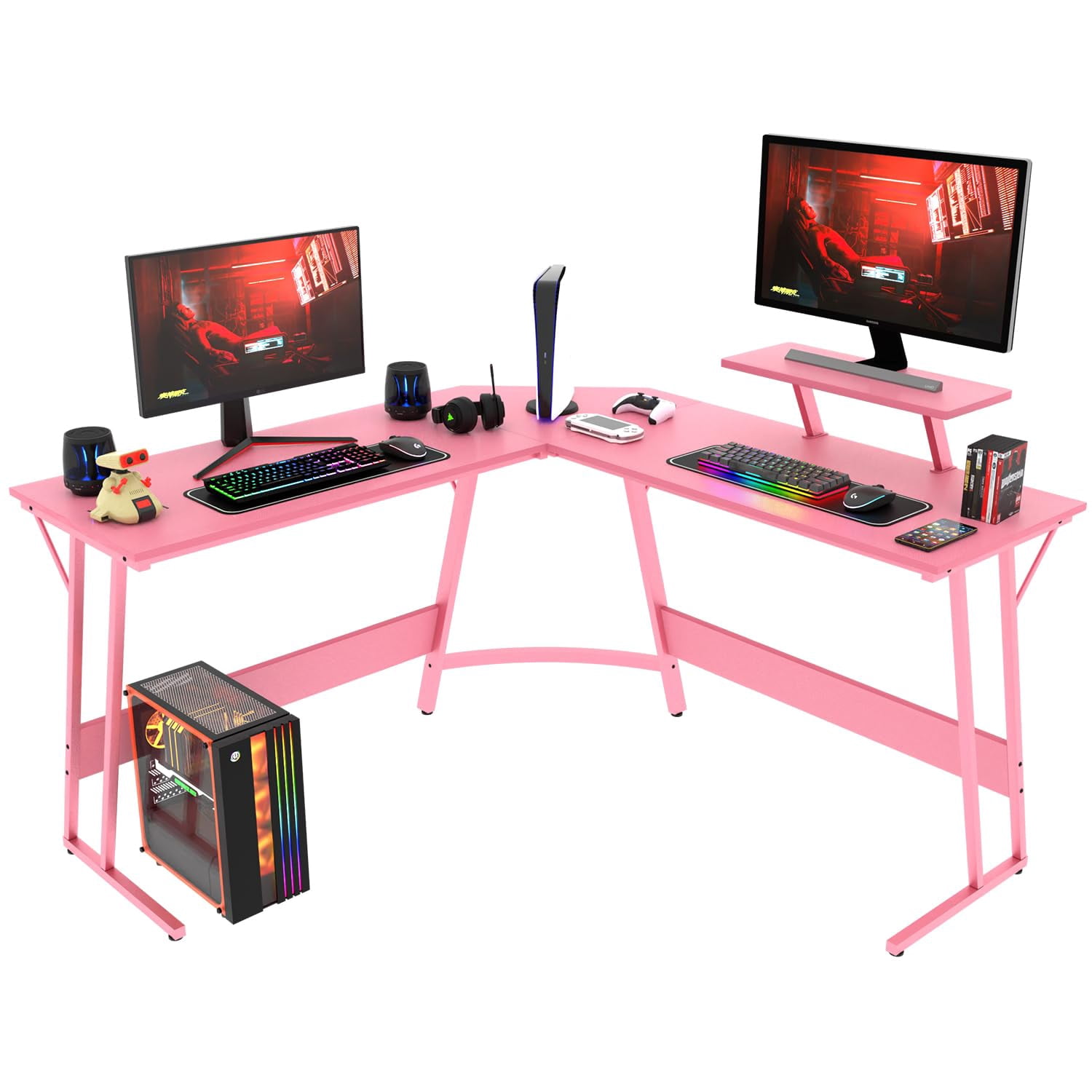 YRLLENSDAN L Shape Gaming Desk Table, 50 Inch Corner PC Gaming Desk with Monitor Stand, L-Shaped Computer Desk Table, Gamer Work Desk for Home Office, Pink