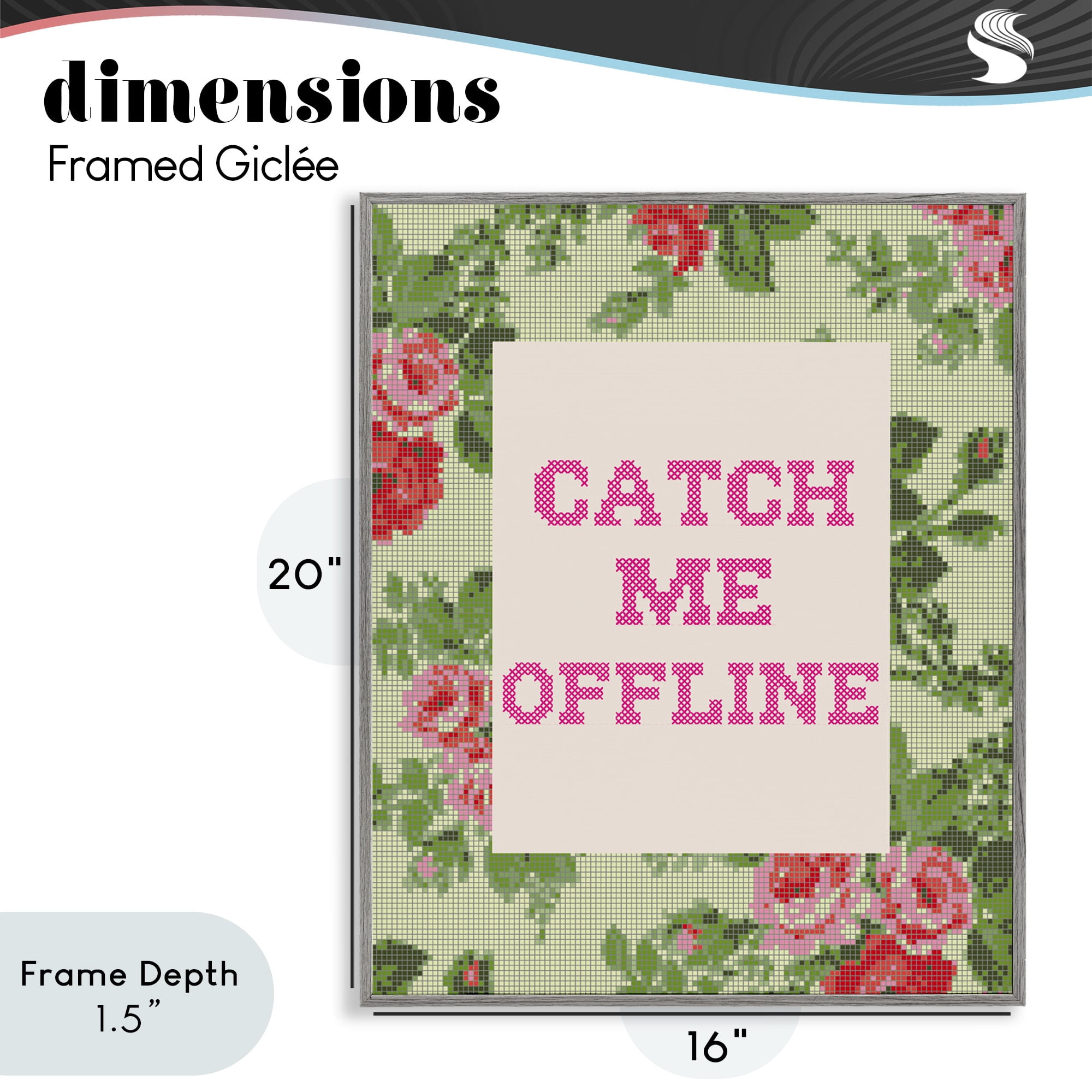 Stupell Industries Catch Me Offline Faux Cross Stitch Gray Framed Giclee Art, design by Lil' Rue