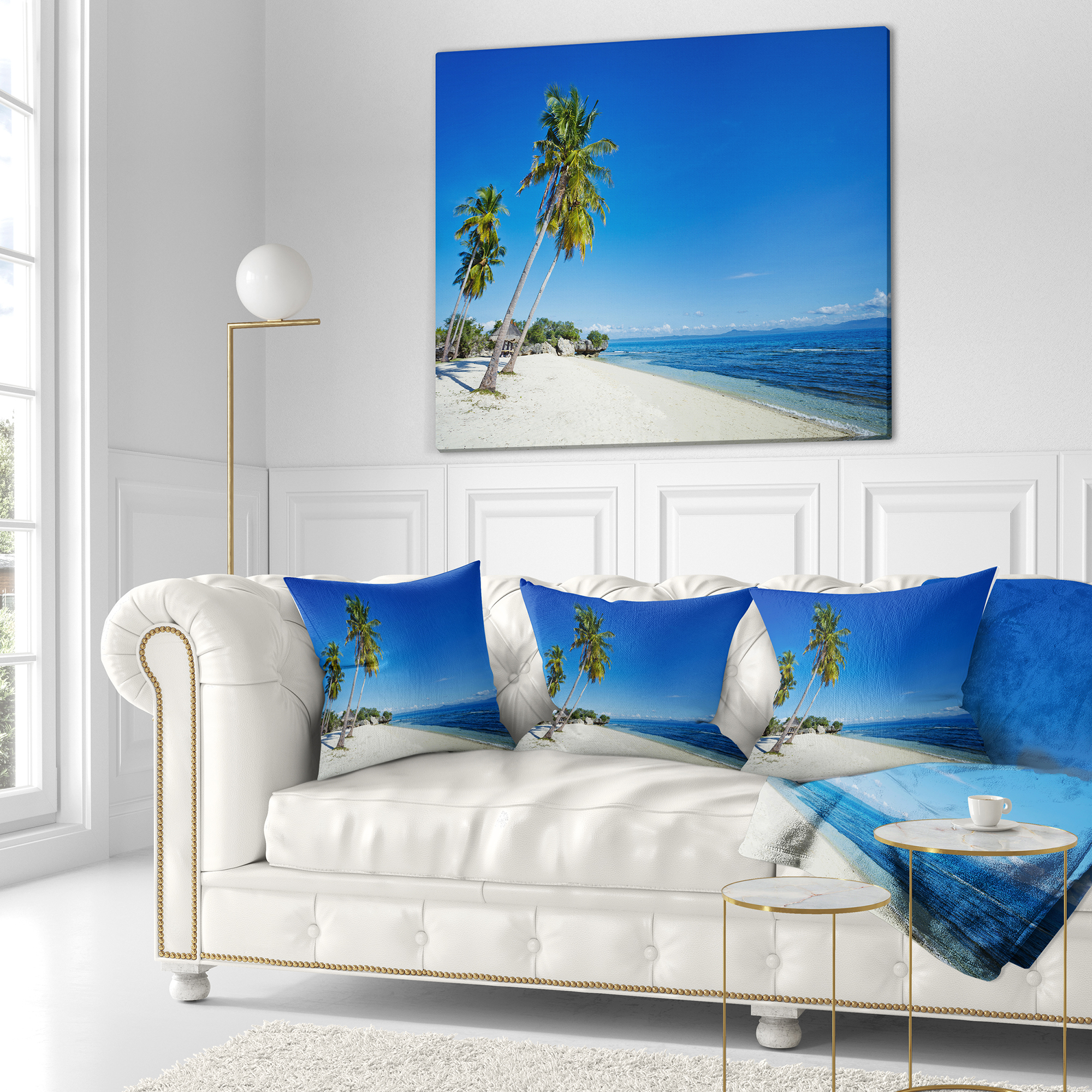 Designart Palms Bent to Beautiful Vacation Beach - Modern Seascape Throw Pillow - 18x18