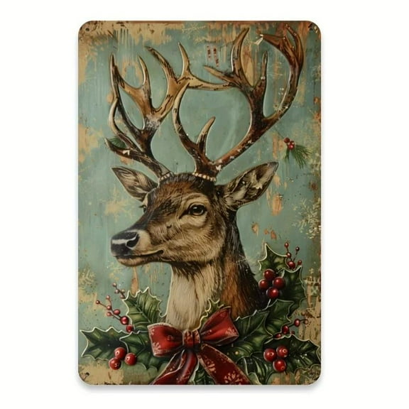 HELLOYOUNG Vintage Christmas Reindeer Metal Sign -  Foil Embossed Wall Art for Home Restaurant Bar Cafe Garage, Festive Decor