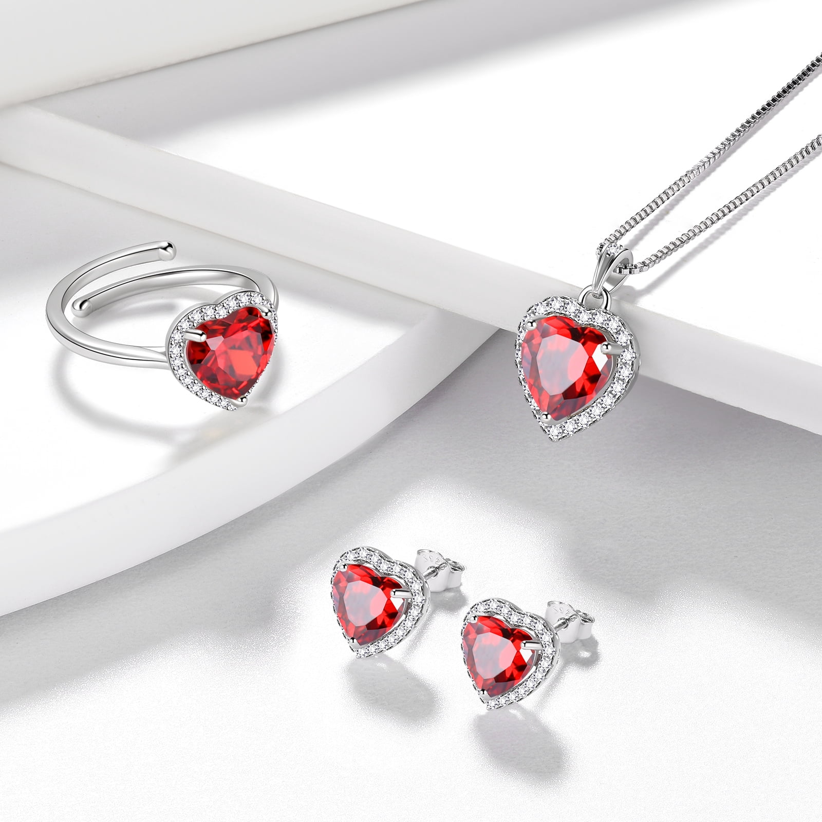 Juwaliy Heart Jewelry Set for Women Necklace Earrings Ring 925 Sterling Silver January Birthstone Garnet Red Mother Christmas Birthday Valentines Gift
