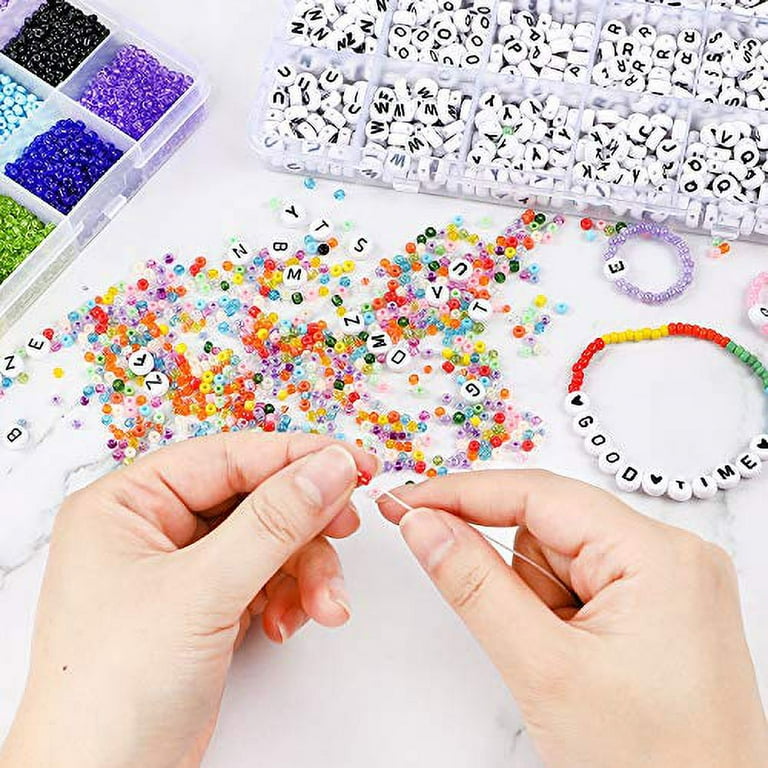 DICOBD Craft Beads Kit 10800pcs 3mm Glass Seed Beads and 1200pcs Letter  Beads for Friendship Bracelets Jewelry Making Necklaces and Key Chains with  2 Rolls of Cord