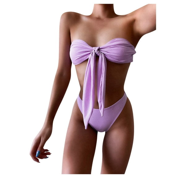 QLEICOM Womens Swimsuits Tummy Control Plus Size Swimsuit Coverup Solid Lace Bikini Set Push Up Swimsuit Beachwear Padded Swimwear Purple M