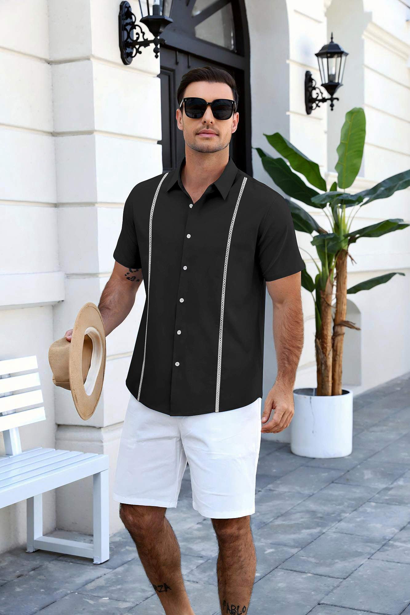 COOFANDY Men's Relaxed Fit Button-Up short Shirt with Decorative Stripes - Casual and Office Wear