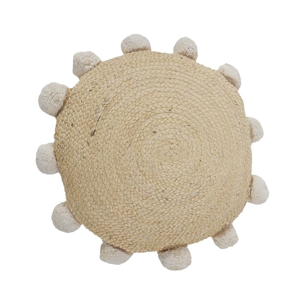 Ox Bay Quade 20" x 20" Natural Solid Jute Pom Pom Bordered Round Adult Decorative Throw Pillow Cover