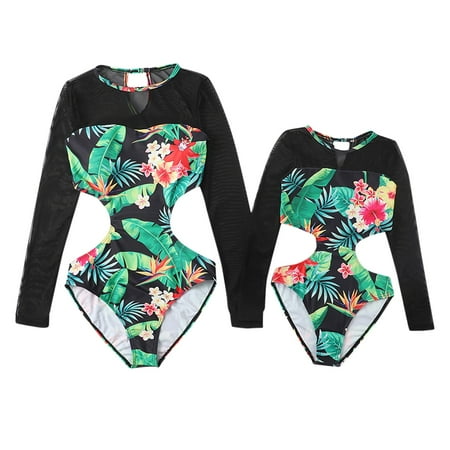 

ketyyh-chn99 Matching Pajamas for Family 4x Flower Printing Girls Bathing Suit Long Sleeve Mom And Daughter Bathing Suite Waist
