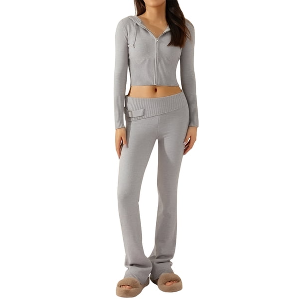 Blusas + Pantalones Largos Y2K Knit Crop Tops + Pantalones largos 2 piezas Mujer Cremallera Sport Fitness Outfit (Gris S) Ygjytge para Mujer Gris T XL