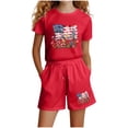thumbnail image 2 of Girls Red 4th of July Outfit American Flag Watercolor Floral Print Short Sleeve T-Shirt & Shorts Set,Size 3-4 T, 2 of 5
