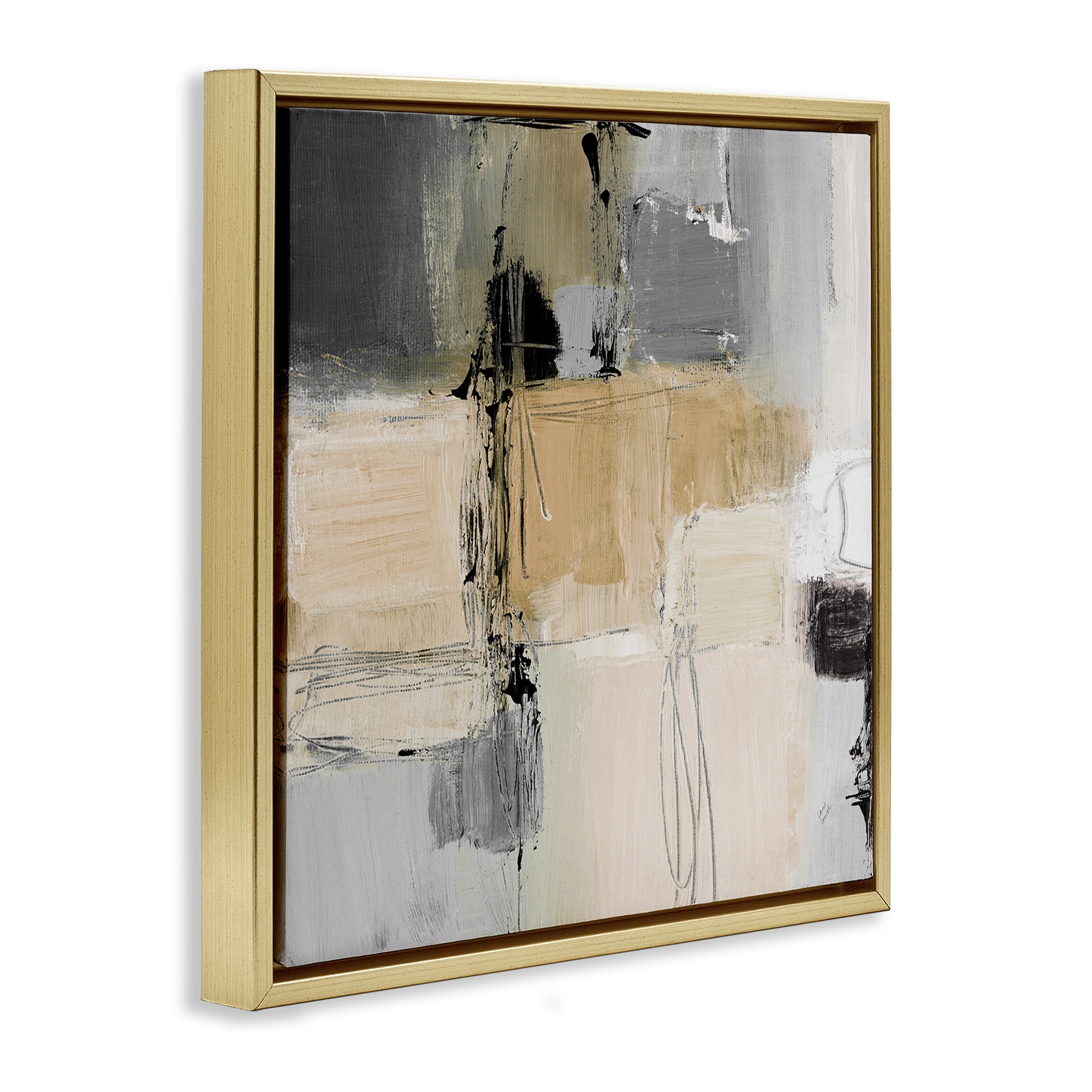 Stupell Industries Tan & Grey Rustic Collage Abstract Painting Gold Floater Framed Canvas Art Print Wall Art, 25 x 25