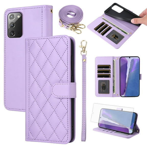 Furiet Argyle Wallet Case for Samsung Galaxy Note 20 5G with Tempered Glass Screen Protector Wrist Strap Shoulder Strap, Card Slots Stand Phone Cover for Note20 Notes 20s Twenty Not S20 Women Purple