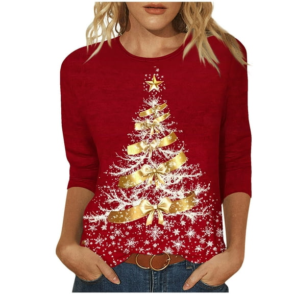 Turilly Women's Graphic Blouses Christmas Tree Printed 3/4 Sleeve Crewneck Pullover Fashionable Top