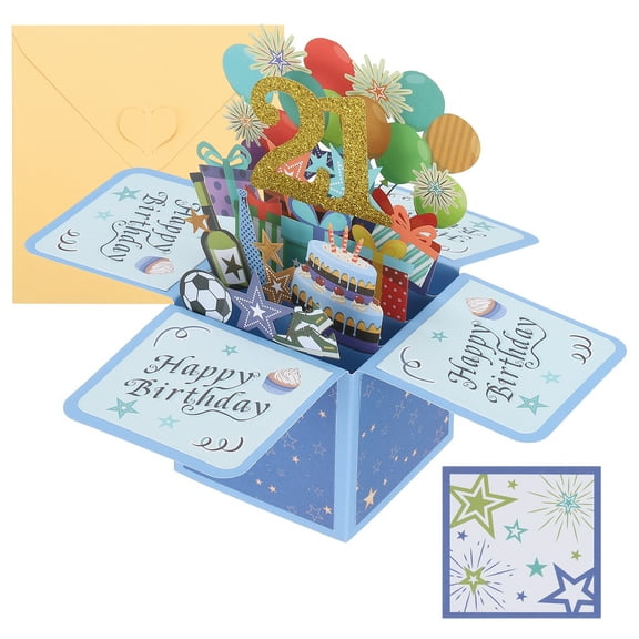 21th Birthday Card, Pop-Out Birthday Card Happy Birthday with Greeting Card and Envelope for Boy Women Friend, Blue