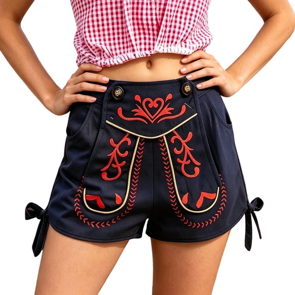TEAJOPSUU Womens Oktoberfest Shorts Embroidered High Waist Side Lace Up Traditional with Pockets Shorts Navy
