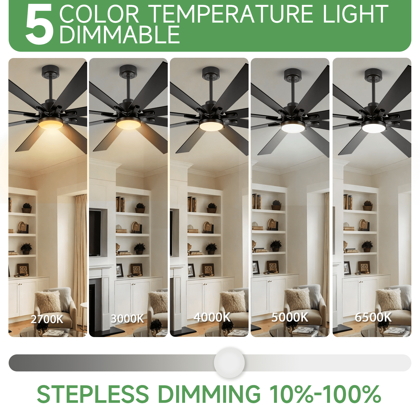 72 Inch Outdoor Ceiling Fans for Patios with Light, Modern Black Industrial Large Ceiling Fan, 8 Reversible Blades, Dimmable 5CCT, Noiseless DC Motor