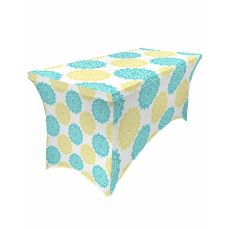 

Table Cloths for 8 foot Rectangle Tables Bohemia Teal Green Yellow Mandala Flower Pattern Stretch Washable Fitted Tablecloth Protector Picnic Table Cover for Event Wedding Party Banquet