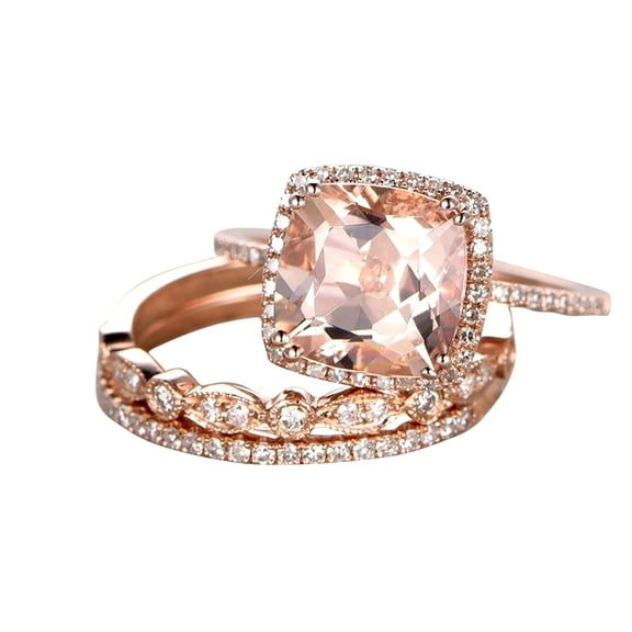 2.00 carat Real Morganite Trio Wedding Bridal Ring Set with Moissanite One Engagement Ring & 2 Wedding Bands with 18k Gold Plating
