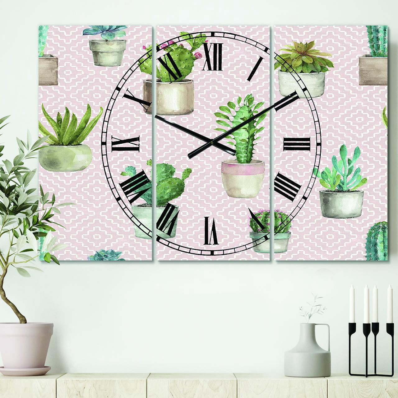 Designart 'Potted Cactus on Pink Geometrical Pattern' Traditional Wall Clock