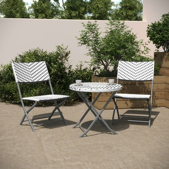 Flash Furniture Three Piece Commercial Grade Foldable Bistro Set, Indoor/Outdoor PE Rattan Back, Seat and Table Top, Gray/White with Charcoal Steel Frame