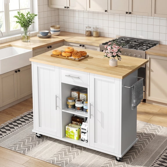 Walsunny Kitchen Islands Carts with Drop Leaf Table 1 Drawer 5 Wheels 2 Magnetic Doors Rolling Storage Cabinet White