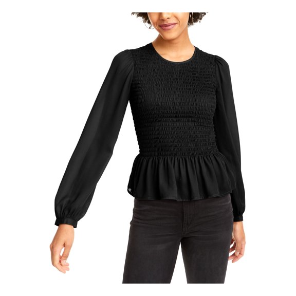 LEYDEN Womens Black Textured Long Sleeve Jewel Neck Evening Peplum Top L