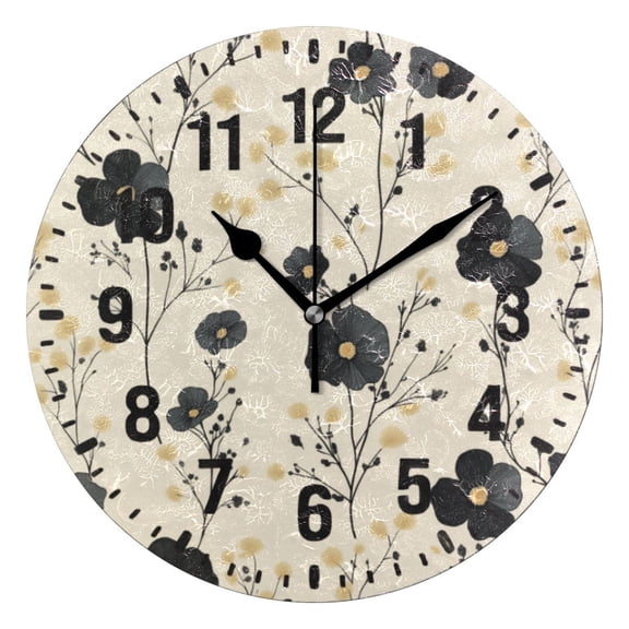 Yayeee 10" Wall Clock Battery Operated Quartz Round Silent Non-Ticking Home Decor, Small Black Flowers