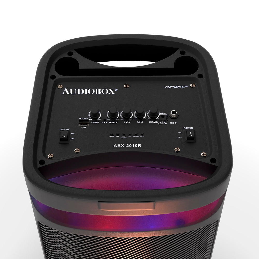 Audiobox ABX-2010R Dual 10" Party Bluetooth Speaker - Portable Karaoke Machine with Bluetooth, USB, TF Card, FM Radio, and Wired Microphone - Ideal for Parties and Events