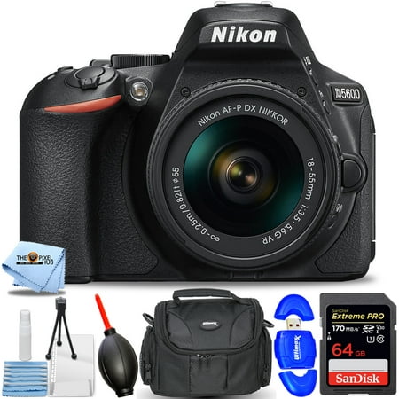 Nikon D5600 24.2MP Camera with 18-55mm Lens 1576 - Essential Bundle Includes: Sandisk Extreme Pro 64GB SD, Memory Card Reader, Gadget Bag, Blower. Microfiber Cloth and Cleaning Kit