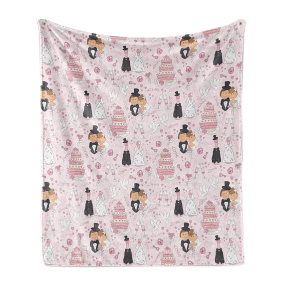 Wedding Soft Flannel Fleece Blanket, Hand Drawn Pattern of Couple Getting Married Celebration Cakes Flowers Drinks, Cozy Plush for Indoor and Outdoor Use, 50" x 70", Pink White Black, by Ambesonne