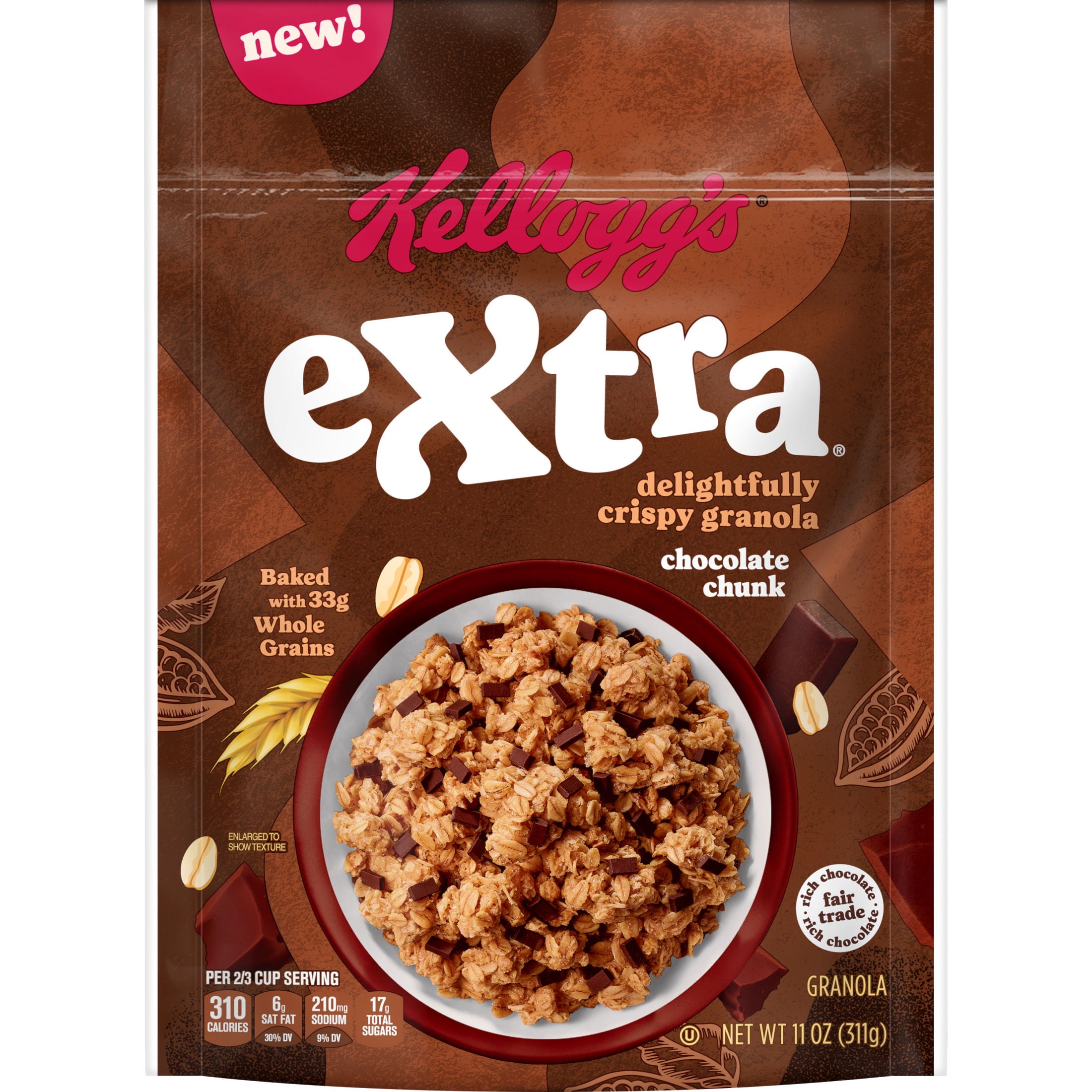 (3 pack) Kellogg's Extra Granola, Whole Grain, On-the-Go Snacks, Chocolate Chunk, 11oz Bag (1 Bag)