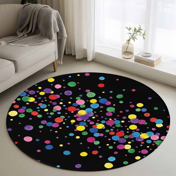 Colorful Polka Dot Round Area Rug 3.3Ft Washable Circle Rugs for Dining Room Table, Cartoon Cute Abstract Graffiti Black Non-Slip Carpet Floor Mats Indoor Outdoor Carpet Runner Aesthetic Home Decor