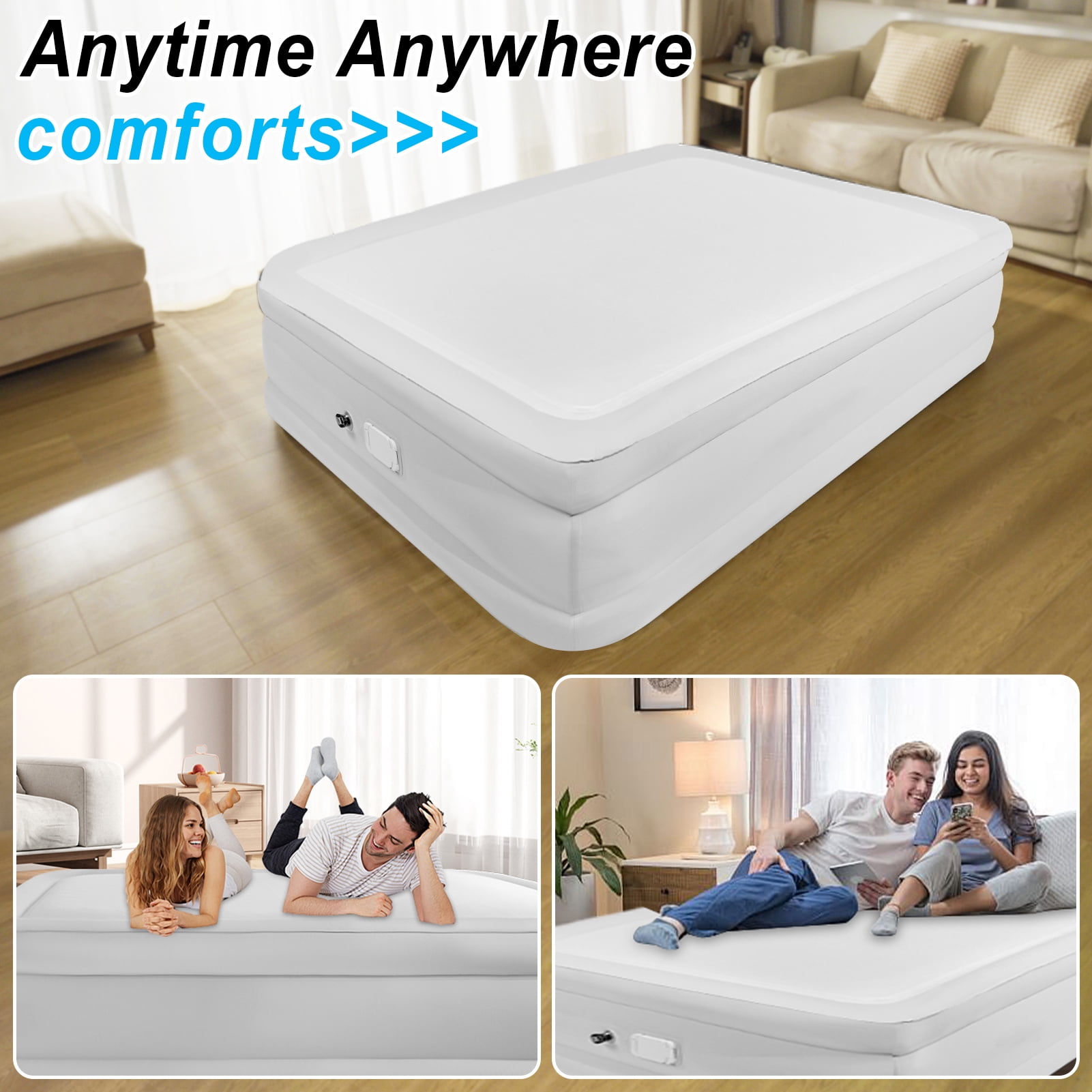 Air Mattress Queen with Built in Pump,Blow Up Mattress with Fiber-Tech, Inflatable Camping Bed, 3-Min Self Inflating with Carrying Bag (18”White Grey)
