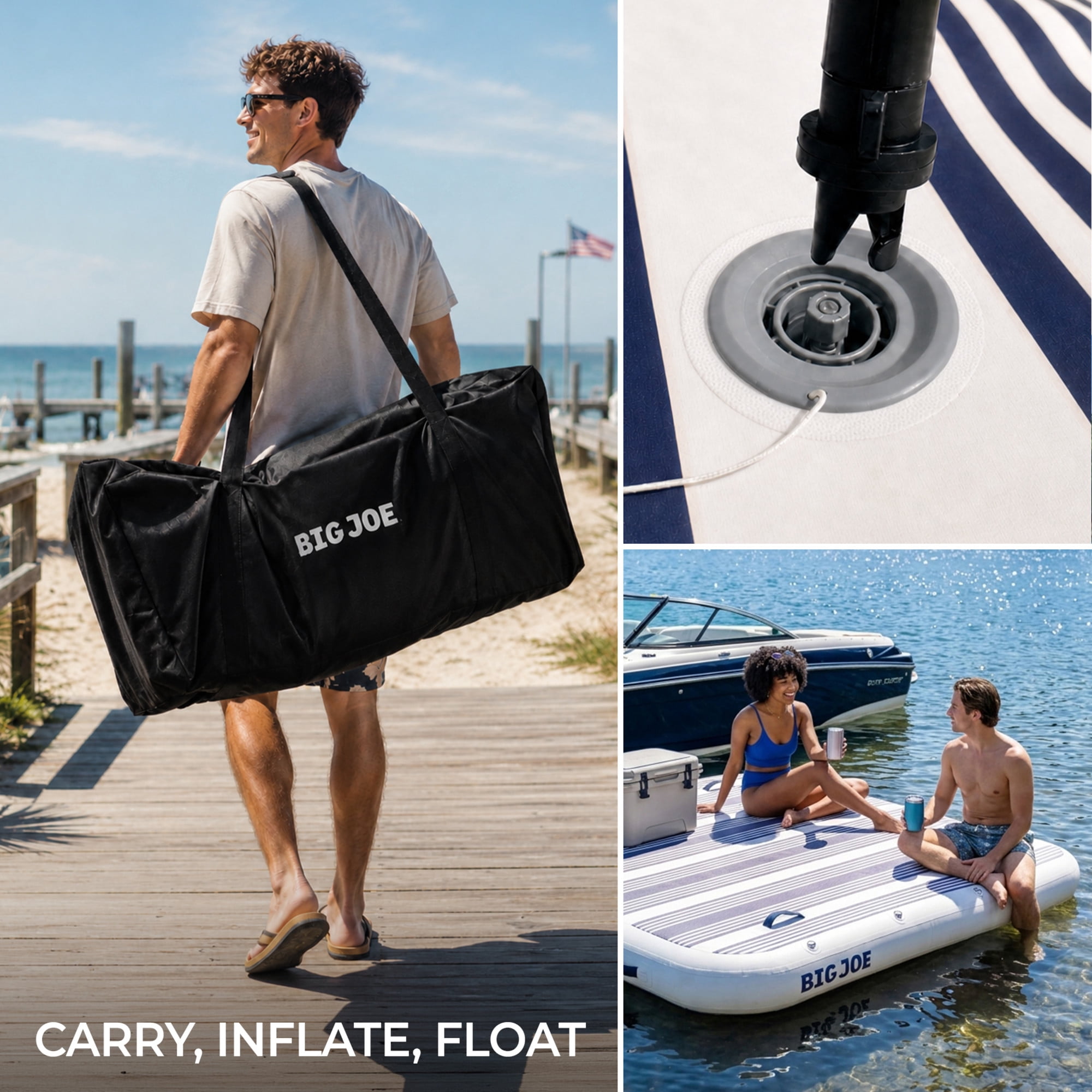 Big Joe TidalJoy 6.5’ x 6.5’ Inflatable Floating Dock for Adults, Heavy Duty Lake Platform & Boat Raft with Handles, Navy Stripe