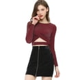 thumbnail image 3 of INSPIRE CHIC Women's Glitter Top Twist Fitted Long Sleeve Cutout Party Cropped Sparkly Tops S Burgundy, 3 of 9