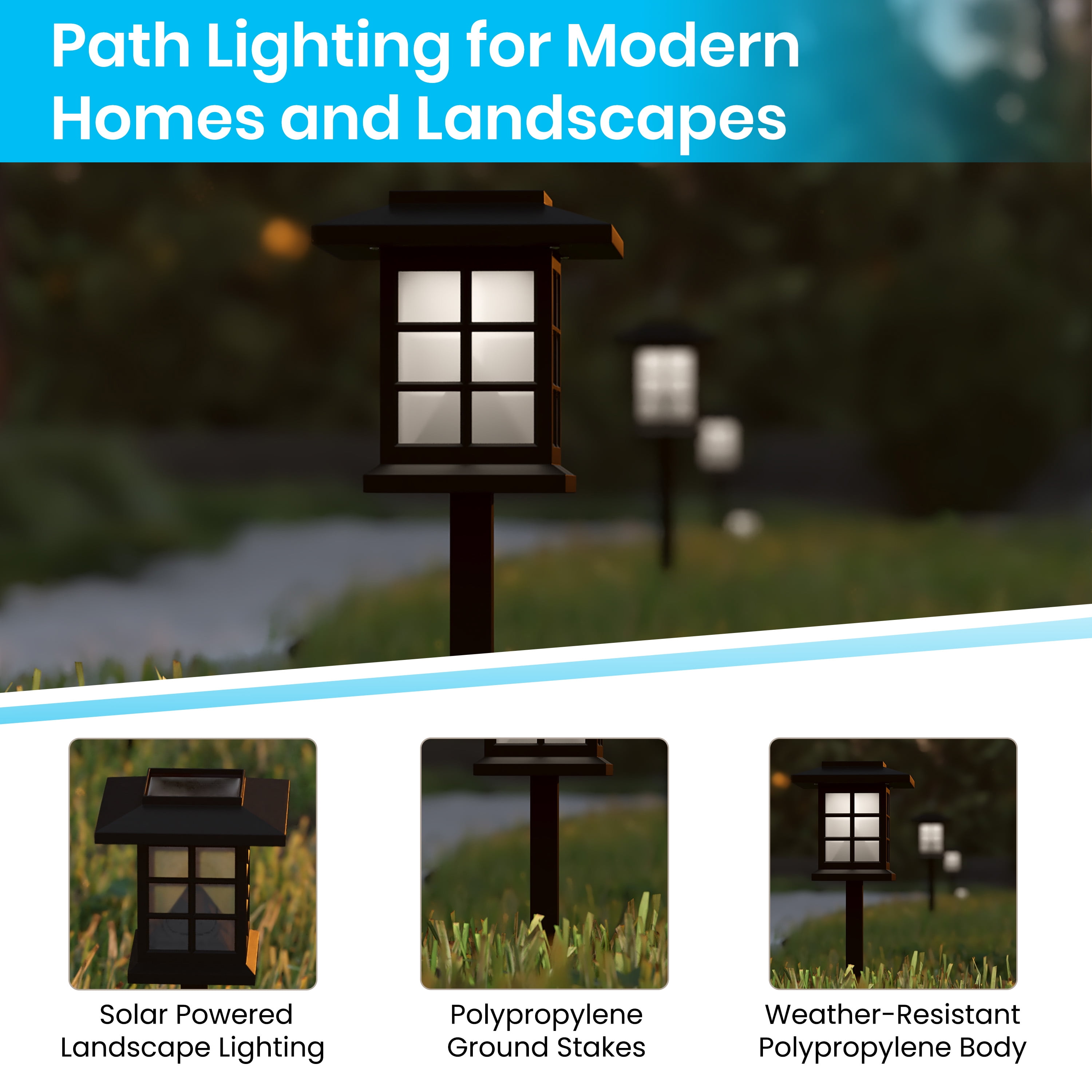 BizChair 8 Pack Black Lantern Style LED Solar Lights Weather Resistant Outdoor Solar Powered Lights for Pathway, Garden, & Yard