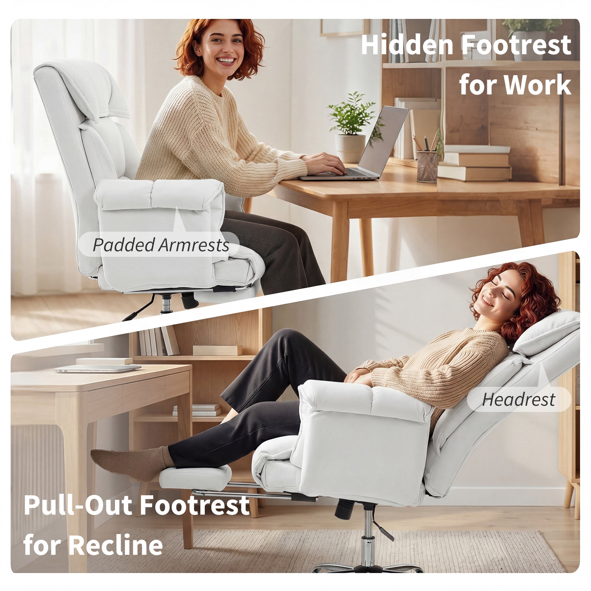 HOMCOM High Back Office Chair, Reclining Desk Chair with Footrest, Thick Cushion, High Resilience Foam, Adjustable Height, Rolling Wheels, Cream White