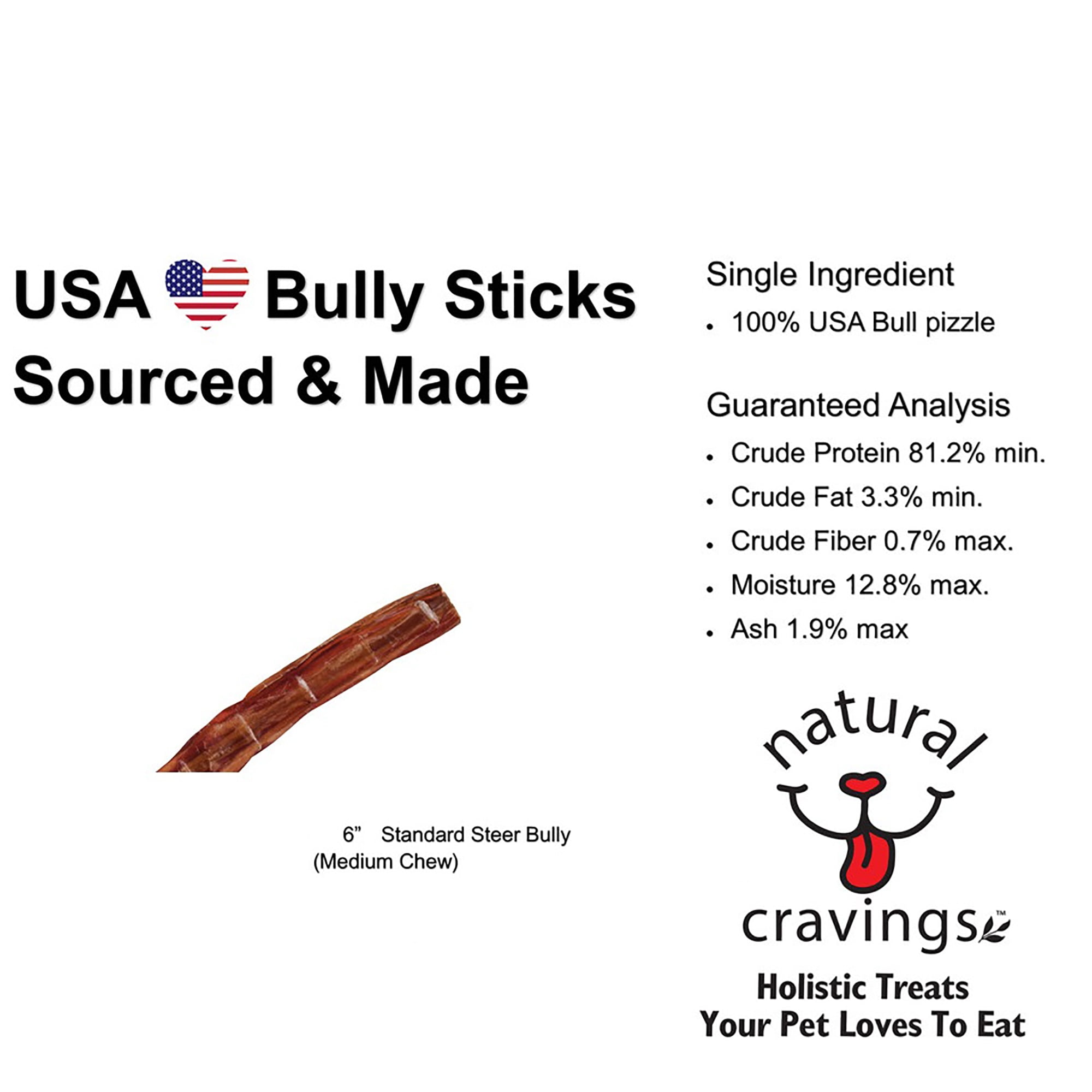 6" Standard Steer Bully Stick Dog Chew Treat, 3 Pack