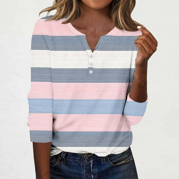 Qulqfy Tops for Women Dressy Casual Plus Size 3/4 Sleeve Spring Shirts Striped Fall V Neck Tops Blouses for Women L
