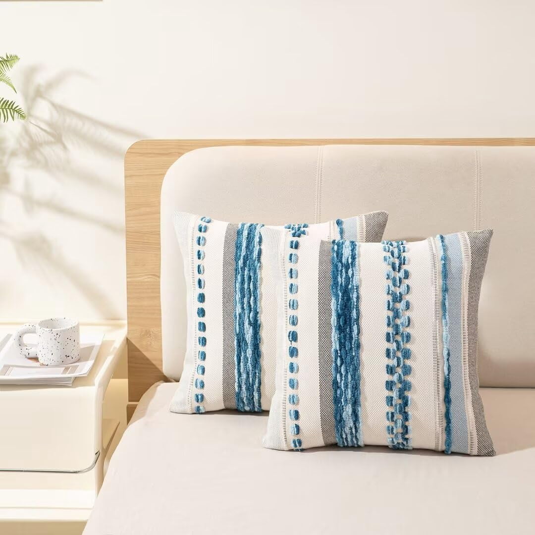 Boho Throw Pillow Covers 18x18 Set of 2 Farmhouse Decorative Cushion Case Striped Square Pillows Cover Chenille Pillow Cases Accent Neutral Pillowcase for Sofa Couch Bed