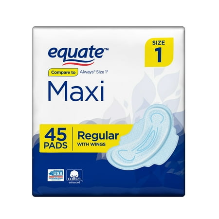 Equate Maxi Pads with Wings, Regular, Size 1, 45