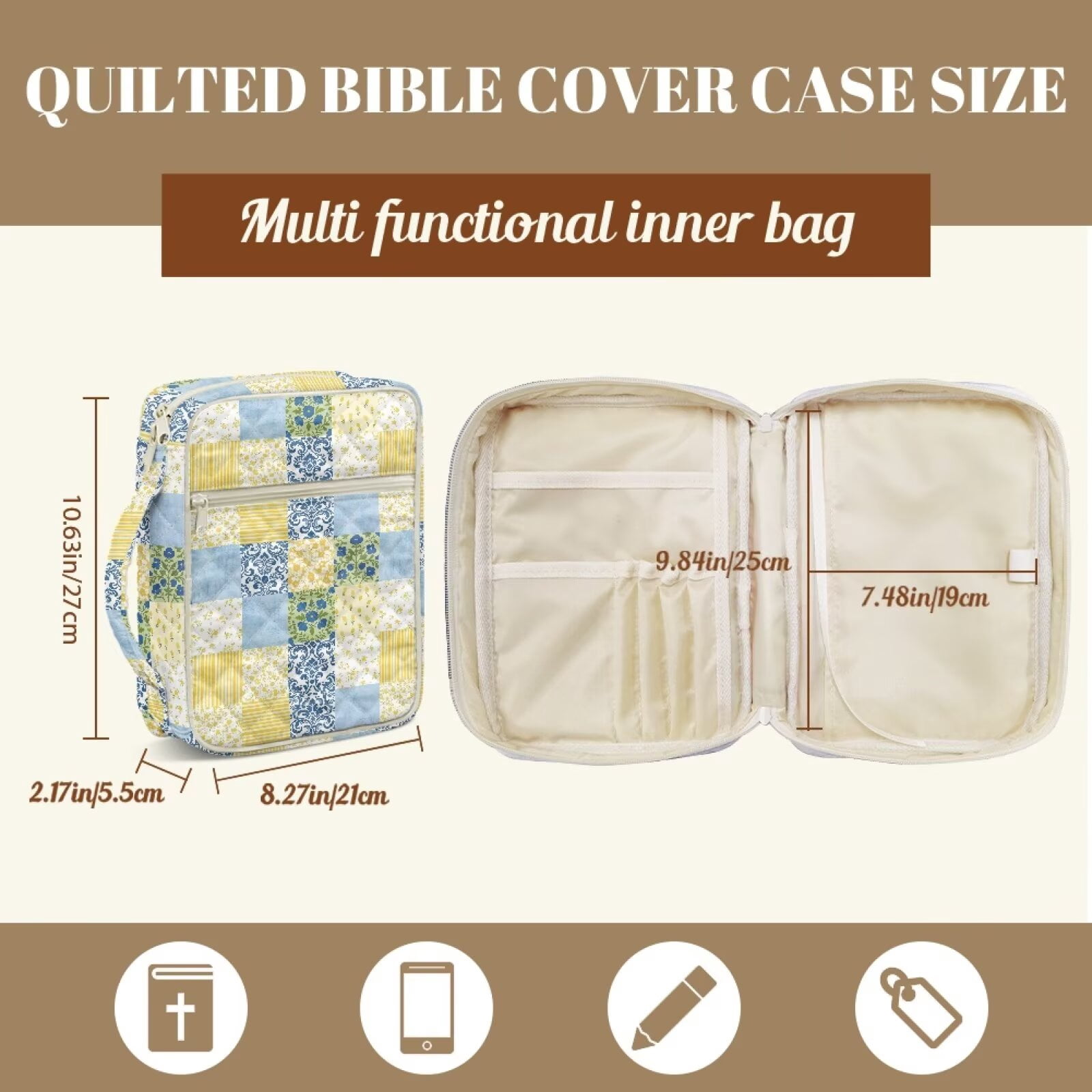 Pzuqiu Checkered Flower Large Bible Case includes 75 Bible Tabs & 12 Bookmarks Multi-Functional Scripture Book Cover Organizer for Book Lovers ,Bibles Accessories Perfect Gift