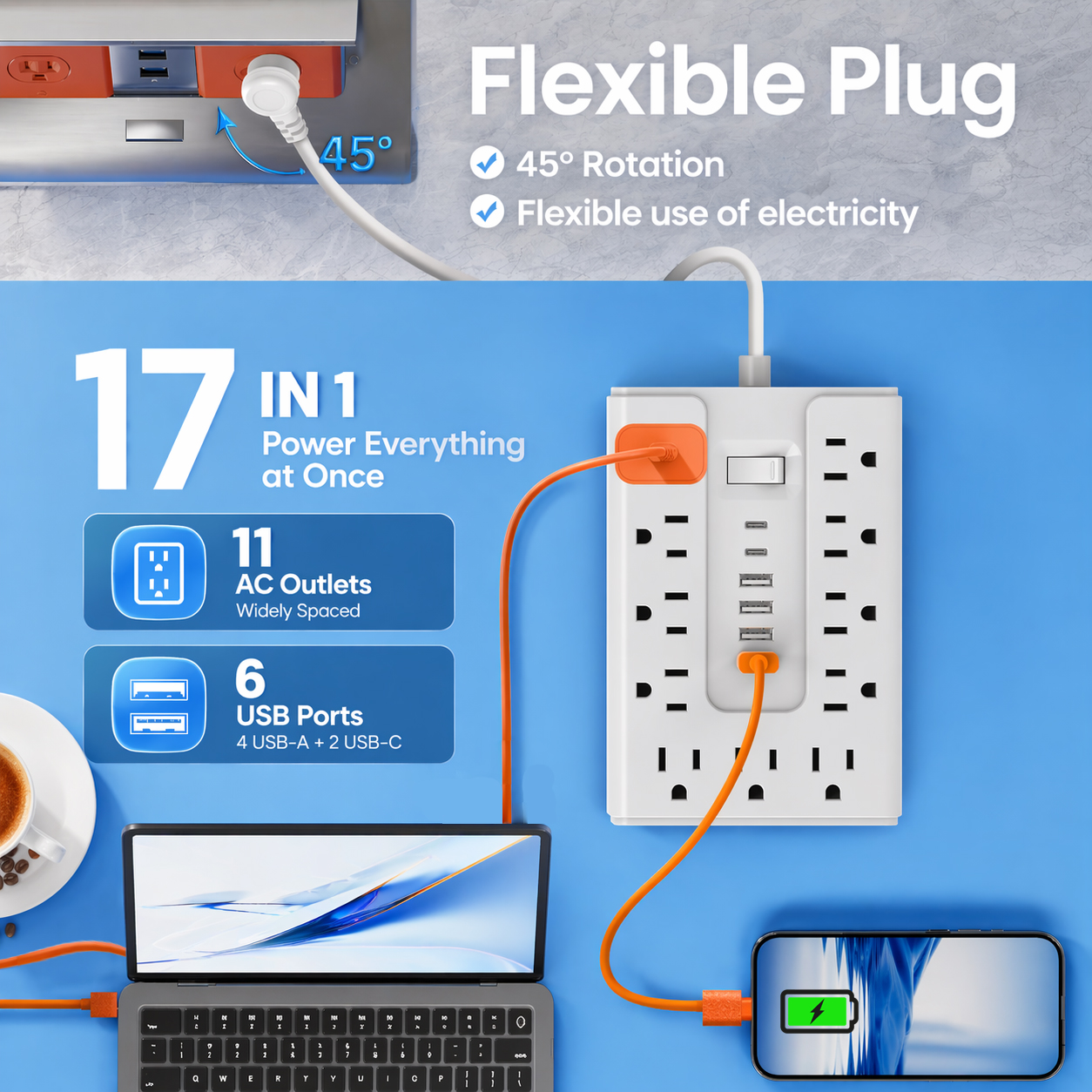 Bohashin 10ft Surge Protector Power Strip with 11 Outlets & USB photo 3