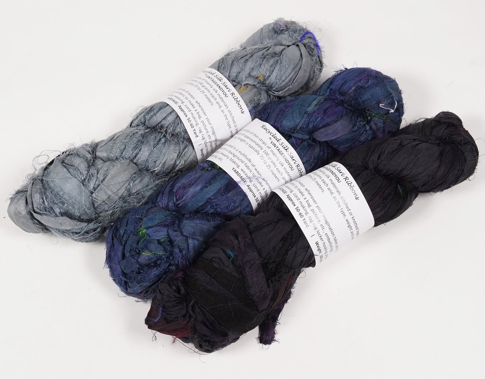 Vintageandyou 300g Recycled Sari Silk Ribbon Yarn | Pack of 3 Upcycled Silk Skeins | Handcut & Hand Joined Ribbon for Crochet, Macram, Weaving, Knitting, Jewelry Making & Fiber Art | Blue