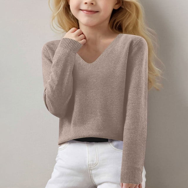 MKOSPLRT V Neck Sweaters for kid Long Sleeve Lounge Knit Pullover Basic Solid Color Sweaters Soft Spring Sweaters Comzy Sweaters