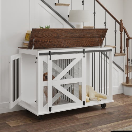 47.2" Large Mobile Dog Crate with Flip-Top Feeding Door, Dual-Access Double Dog Kennel Furniture with 5 Caster System and Removable Divider, Brown White